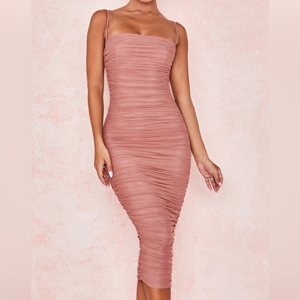 House of CB Ruched Pink Midi Dress